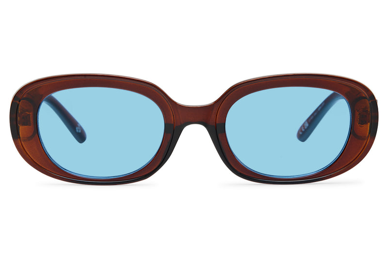 „Supersymmetry Jeongseon saulės akinių rėmeliai su mėlynomis lęšių plokštelėmis, rudos spalvos, apvalus dizainas, priekinis vaizdas“