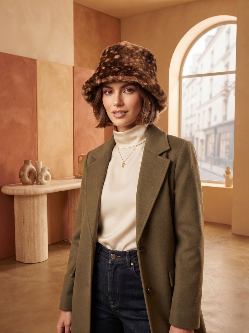 Dirbtinio kailio bucket kepurė, tamsiai ruda